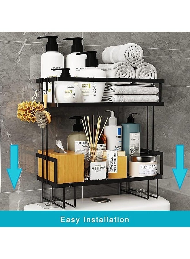 عربست مساحة الحمام بدون حفر - رف فوق المرحاض متعدد الطبقتين مقاوم للماء والصدأ مع 6 خطافات وقاعدة لاصقة، باللون الأسود الحديث - Image 4